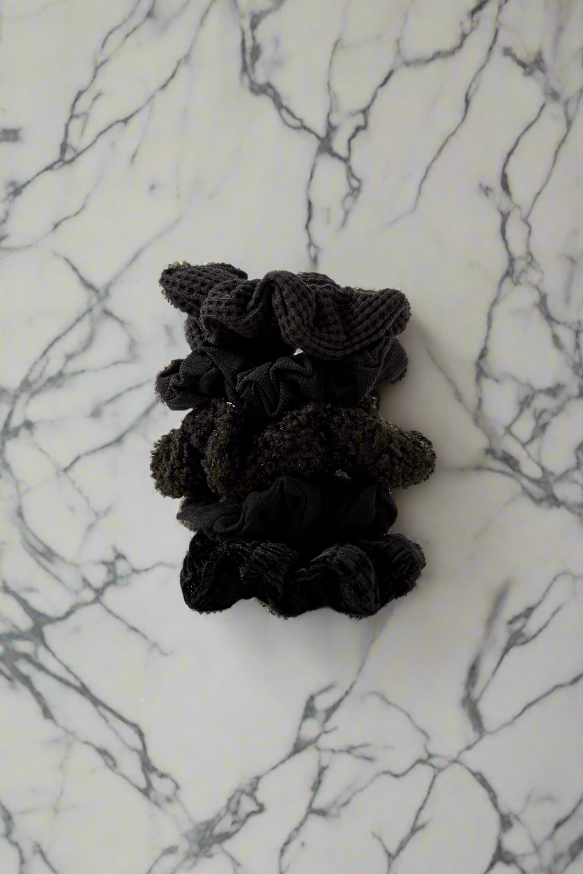 Assorted Textured Scrunchies Black - 5 pack