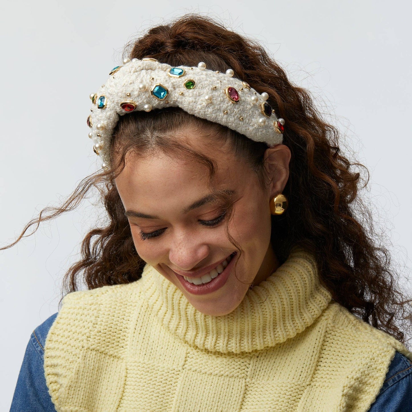 Ivory Gem Bezel Boucle Knotted Headband: One Size