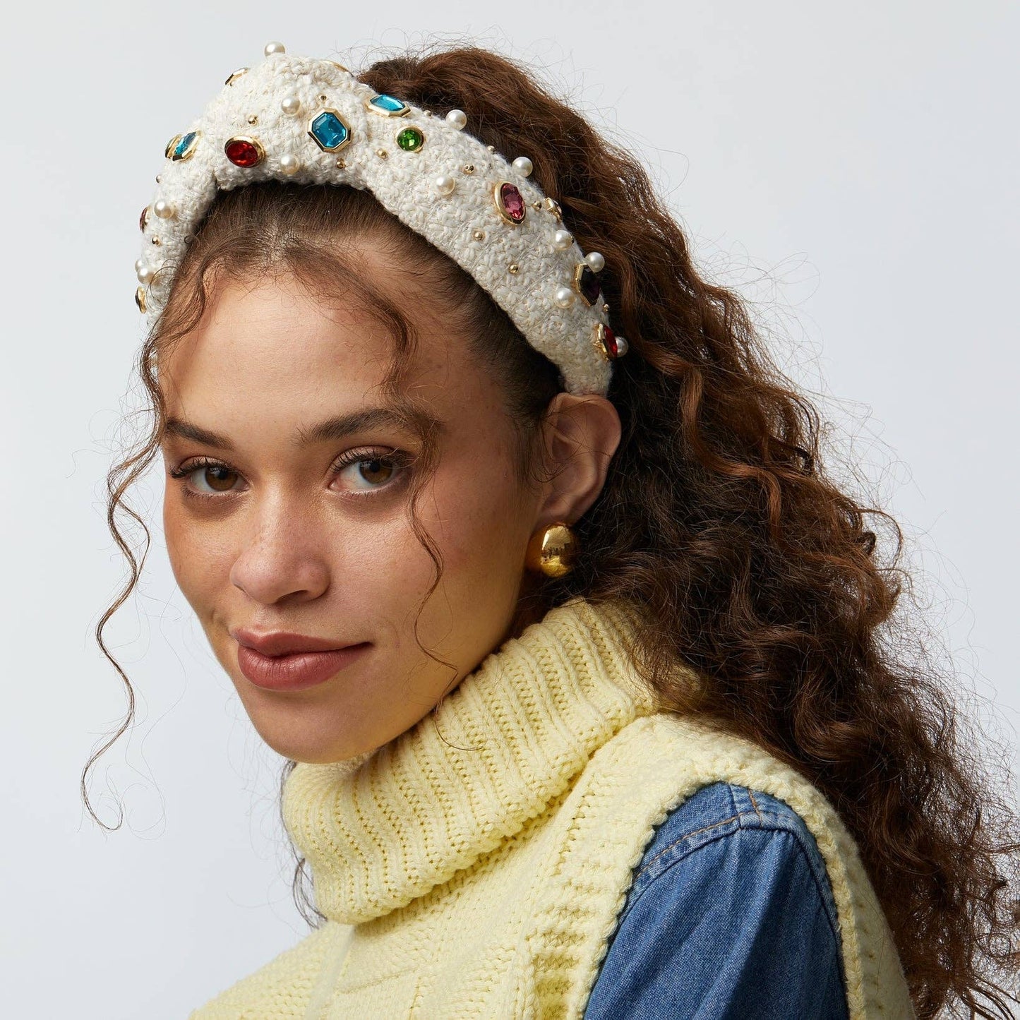 Ivory Gem Bezel Boucle Knotted Headband: One Size